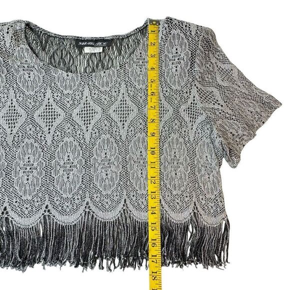 Shair Aide of CA Vintage Metallic Gold Black Lace Crop Top Fringe Hem Size 12 - Picture 13 of 15